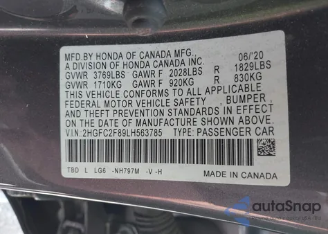 2020 Honda Civic Sport z USA, uszkodzony, nr VIN 2HGFC2F89LH563785